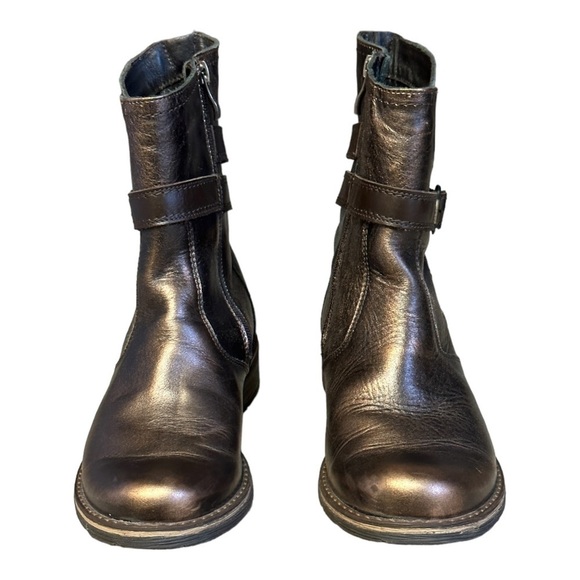 V-Italia Bronze Metallic Leather Moto Boots Women’s 7 EU 38 Mid Calf Buckle Zip - Picture 3 of 13